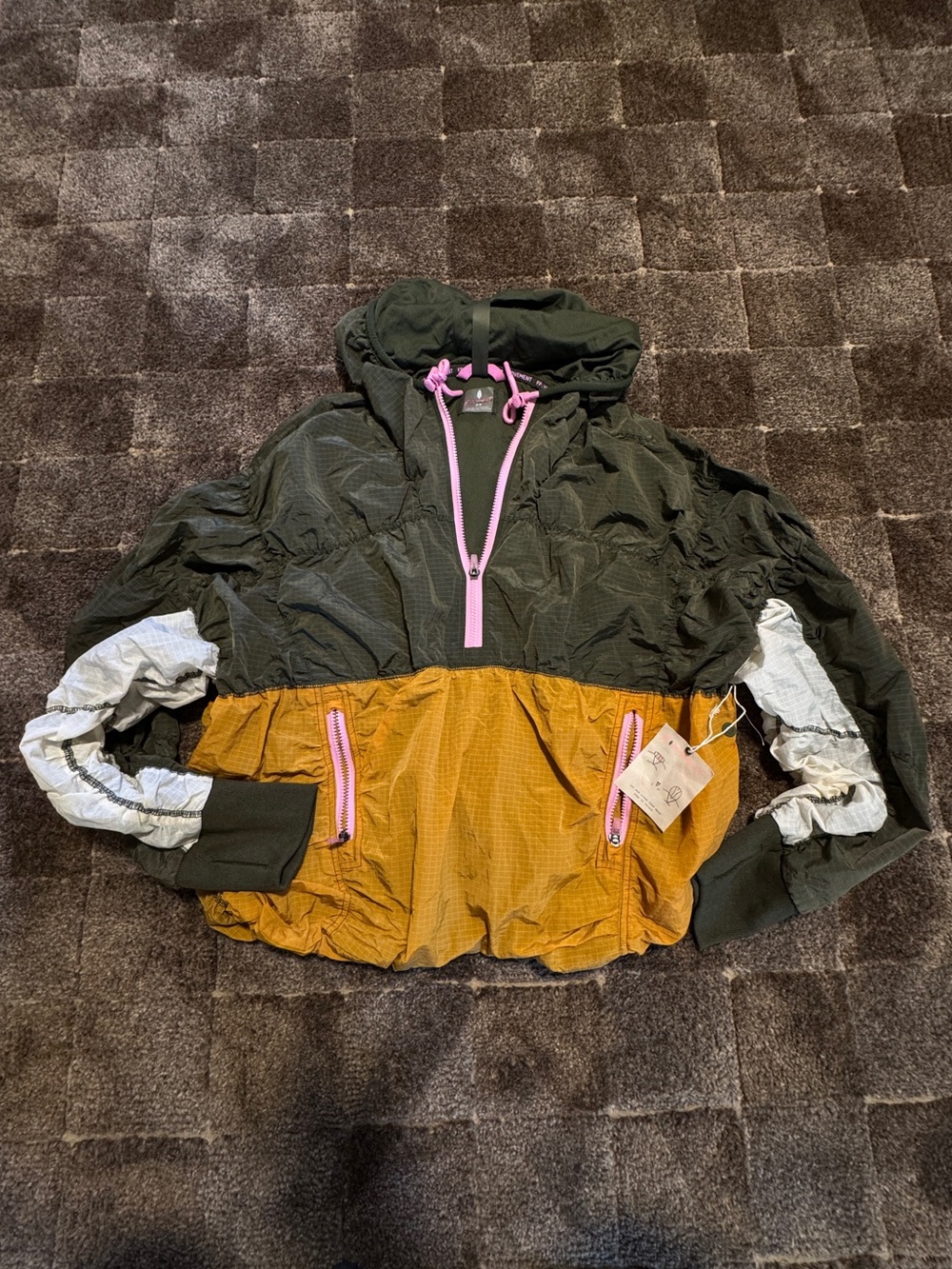 Free People Happy Camper Pullover in Olive, Mustard & Pink Trim